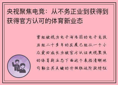 央视聚焦电竞：从不务正业到获得到获得官方认可的体育新业态